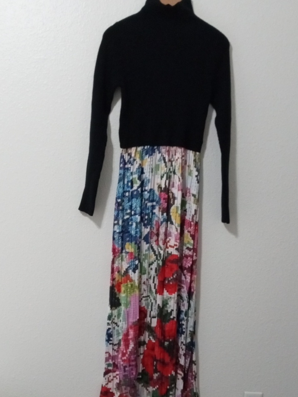 Anthropologie Black Top with Multicolor Floral Pleated Maxi Skirt